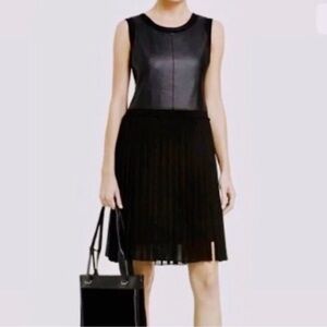 BCBGMAXAZRIA Black Faux Leather & Chiffon Pleated Cleo Dress Size Small